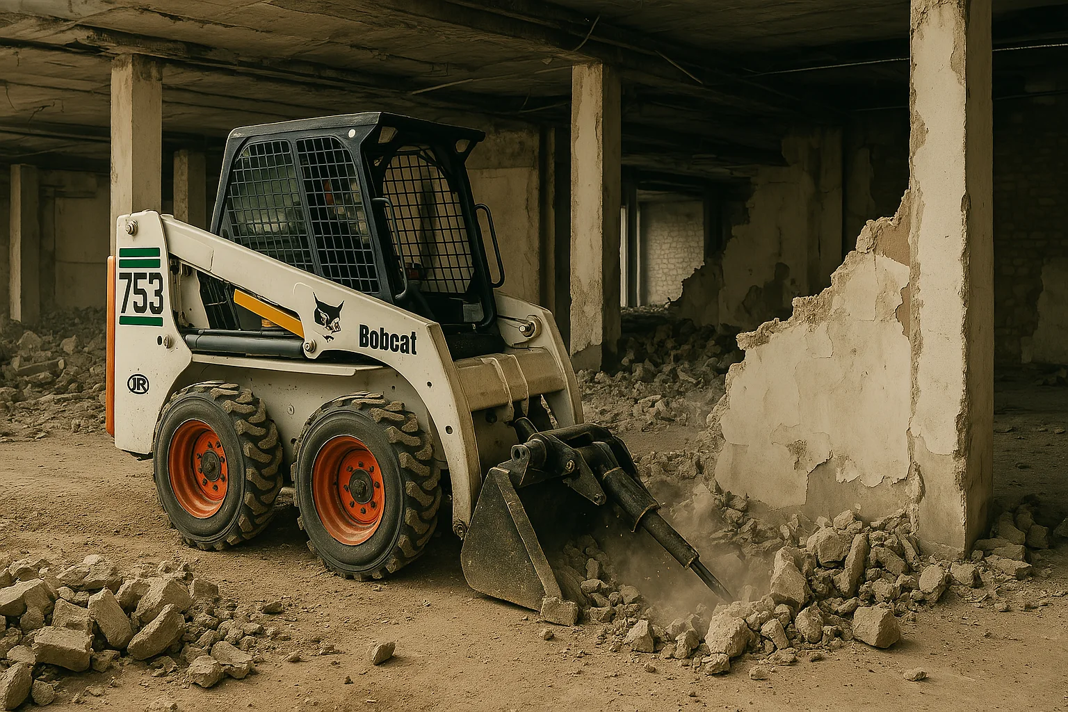 Compact loader working inside a demolition site