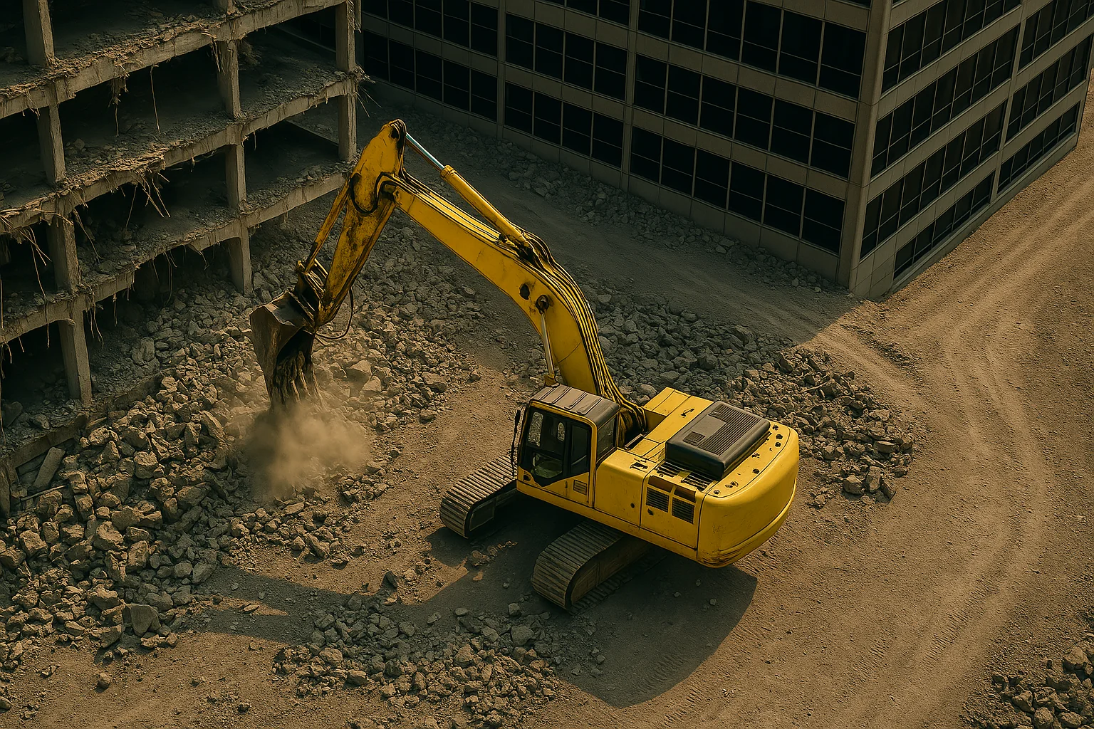 Excavator working on a demolition site