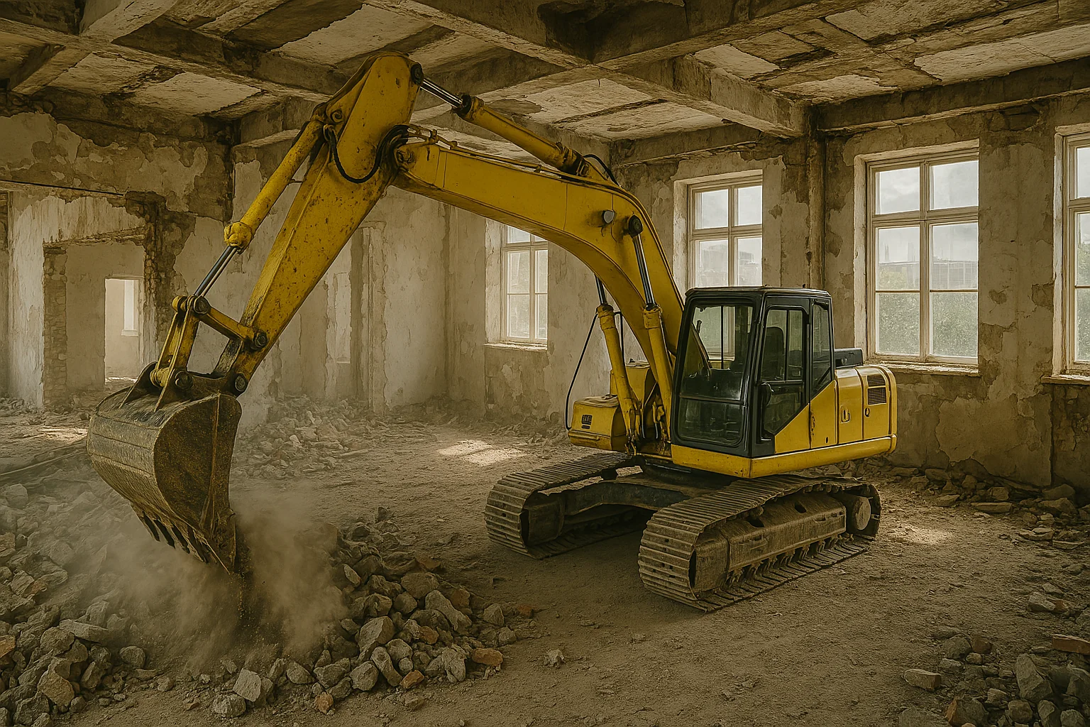 Excavator clearing material during demolition